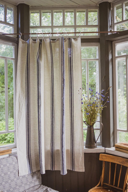 Linen curtain with classic blue stripes and simple hem, for clips