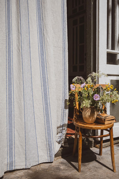 French style linen curtain with coastal blue stripes