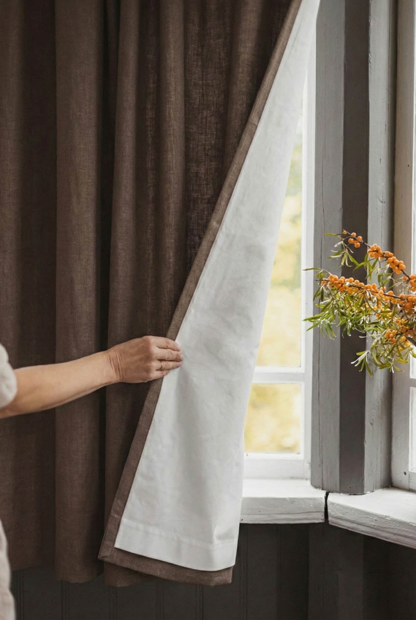 Cocoa linen curtain with cotton lining and multifunctional heading tape