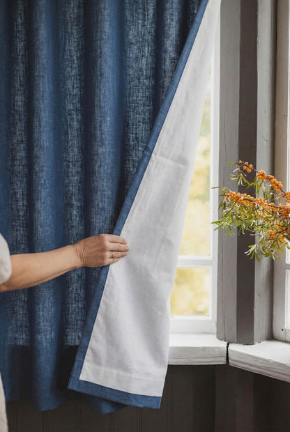 Cornflower blue linen curtain with cotton lining and multifunctional heading tape