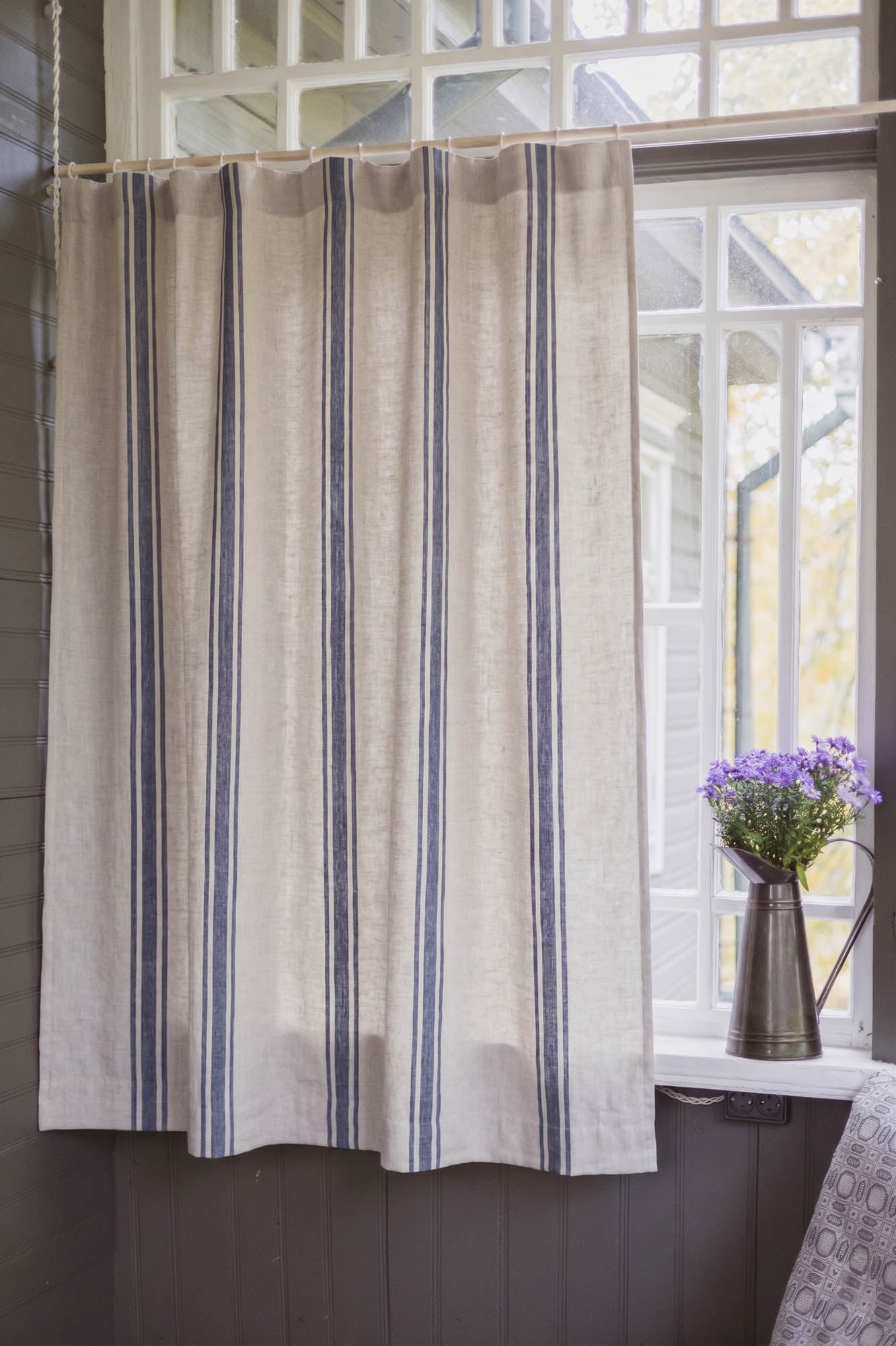 Linen curtain with blue stripes, cotton lining, and multifunctional heading tape