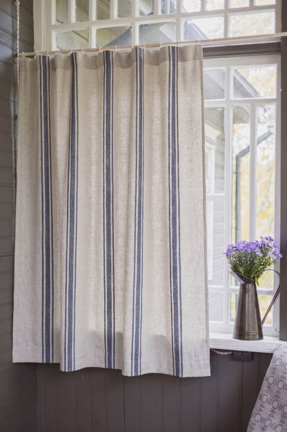 Linen curtain with blue stripes, cotton lining, and multifunctional heading tape