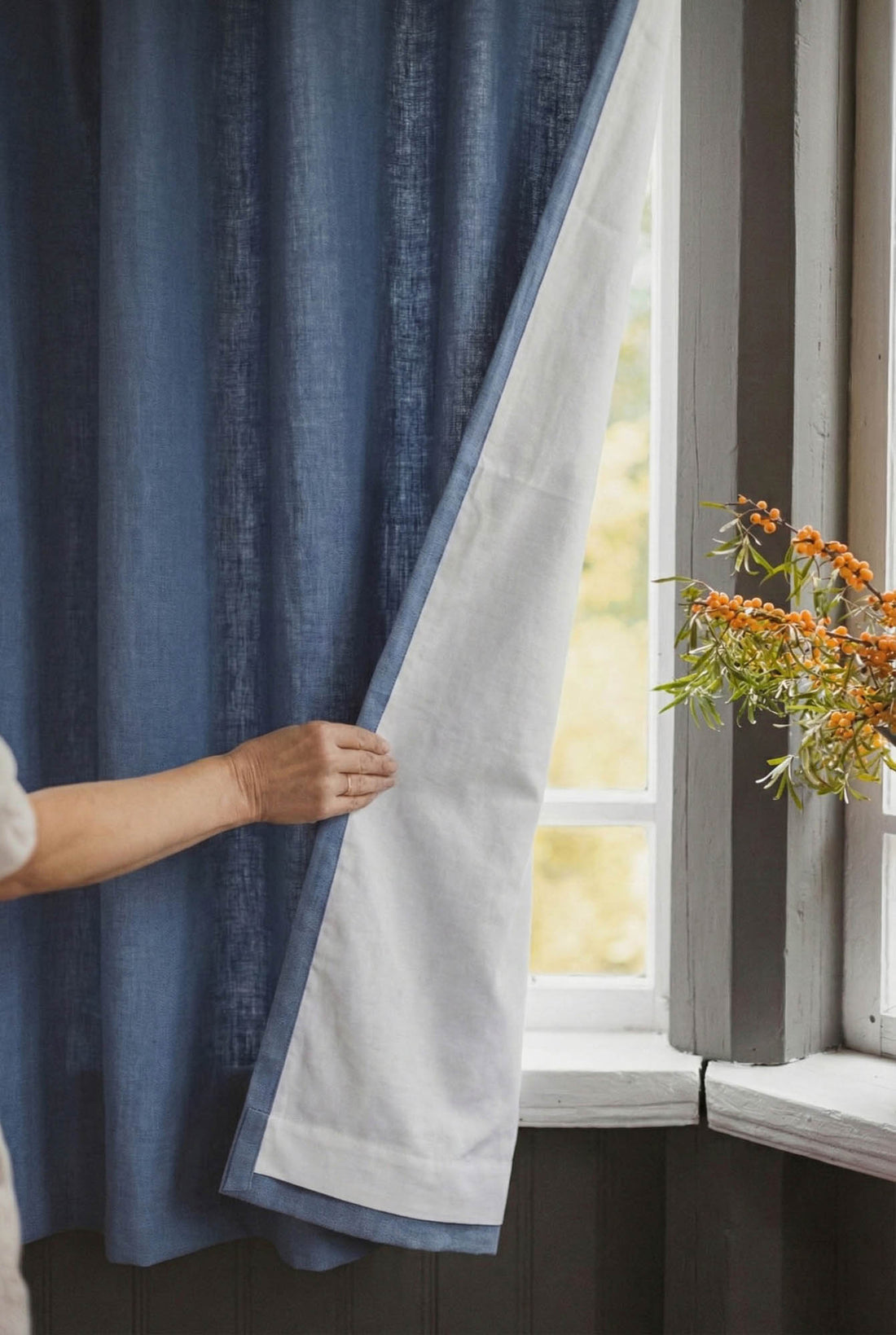Denim blue linen curtain with cotton lining and multifunctional heading tape
