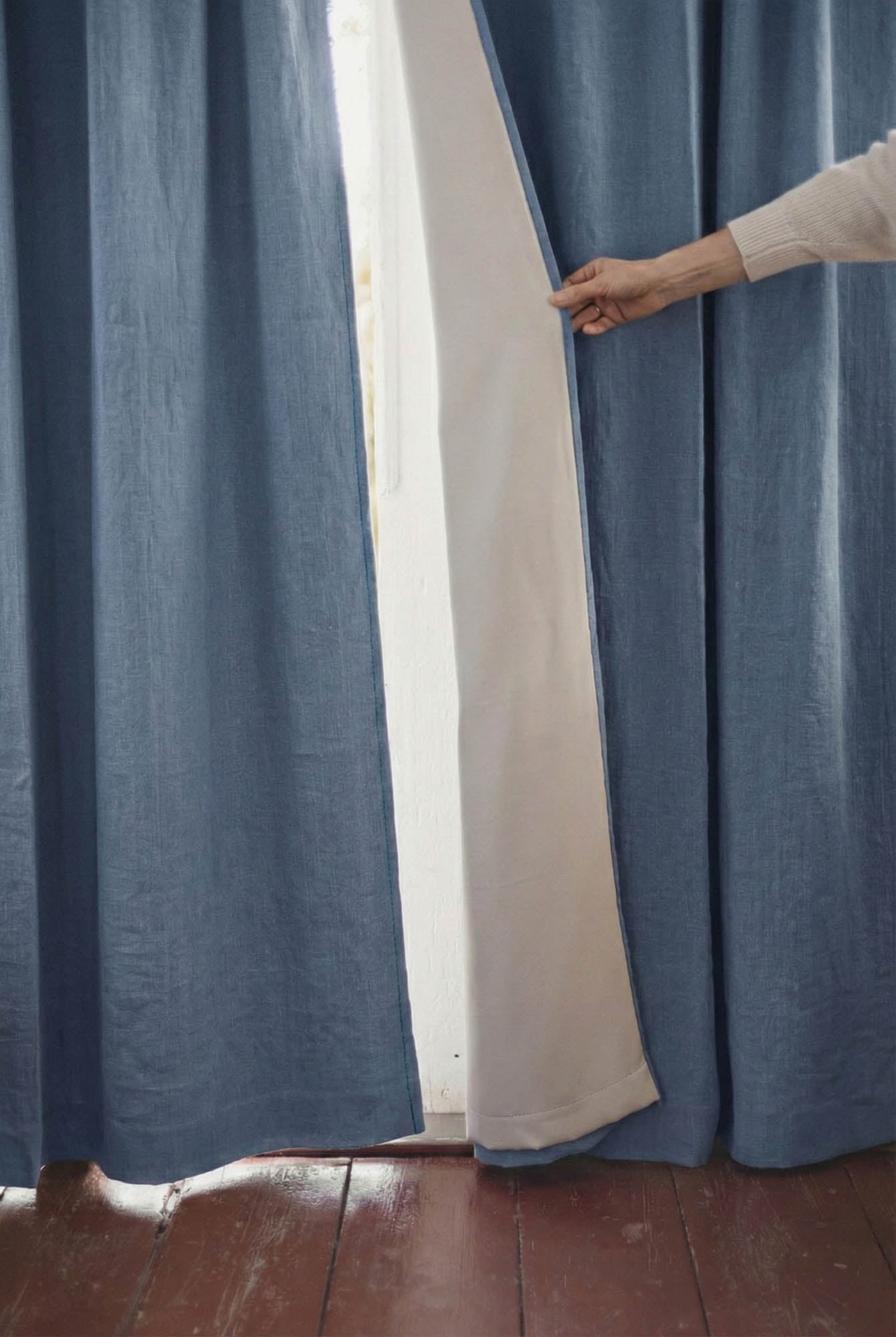 Denim blue linen blackout curtain with multifunctional heading tape