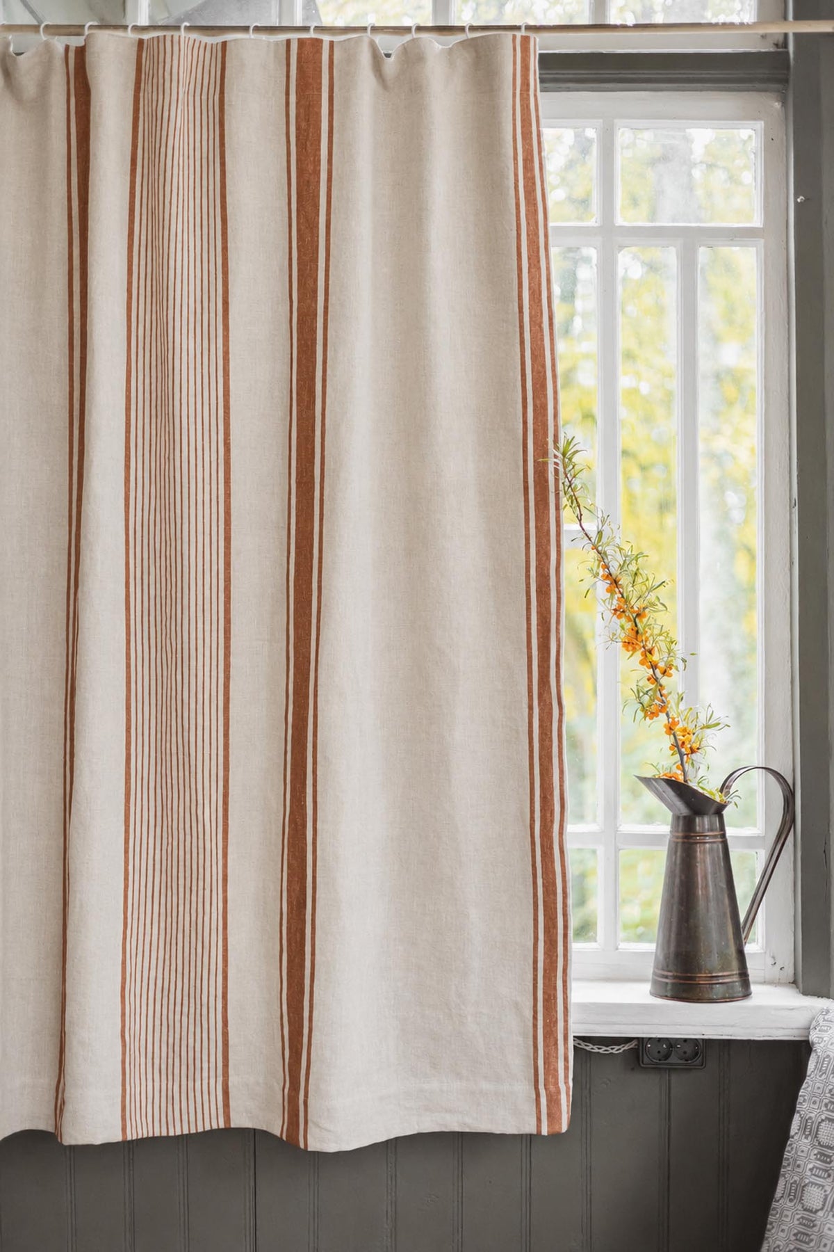 French style blackout linen curtain with burnt orange stripes and multifunctional heading tape