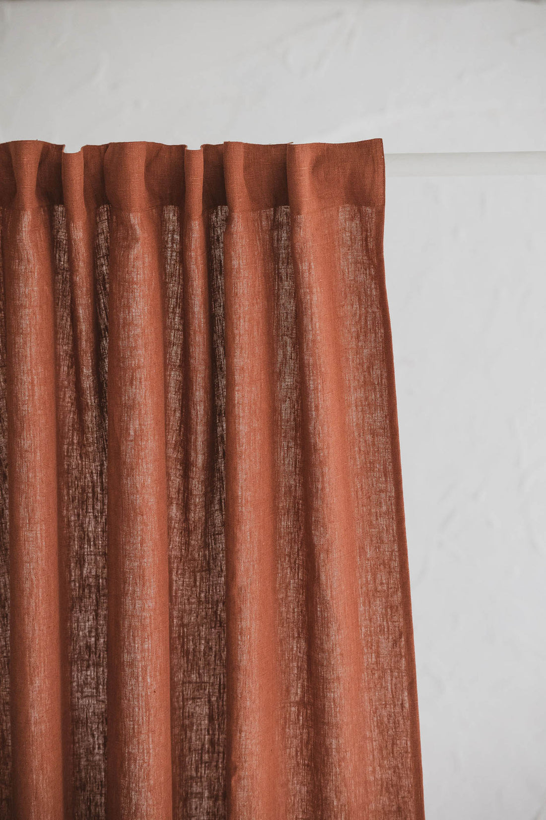 Heavyweight burnt orange linen curtain with multifunctional heading tape