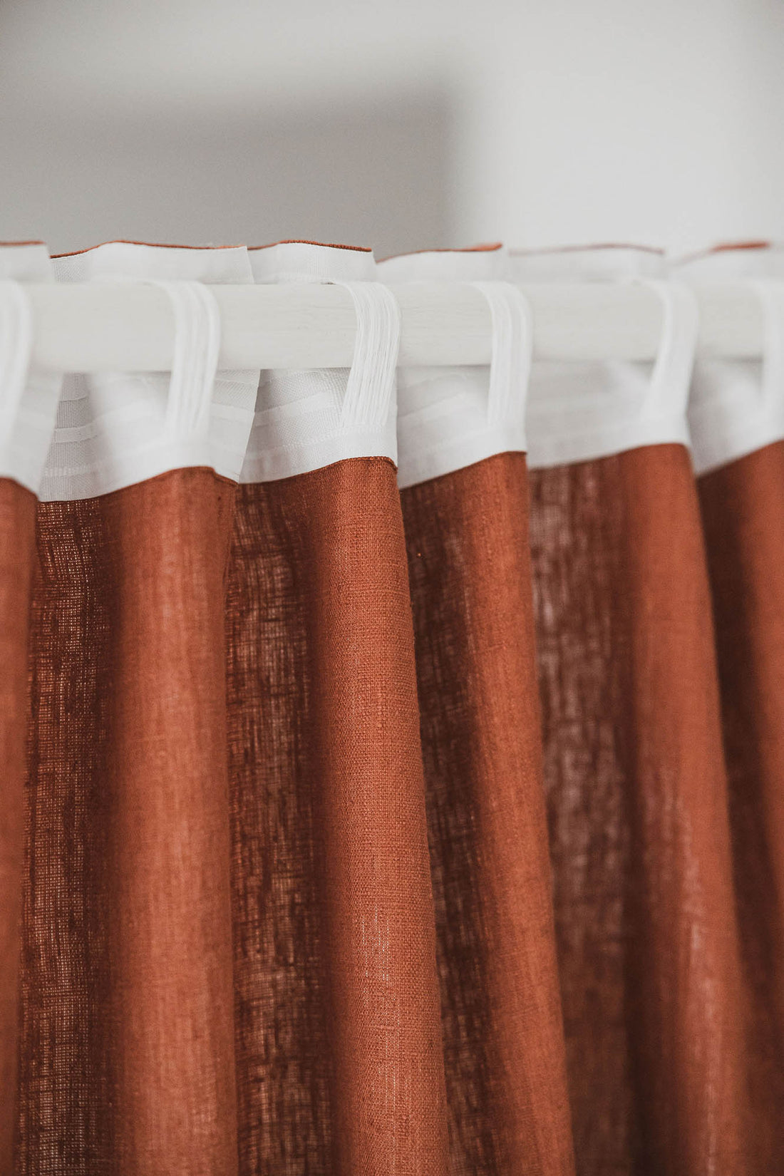 Heavyweight burnt orange linen curtain with multifunctional heading tape