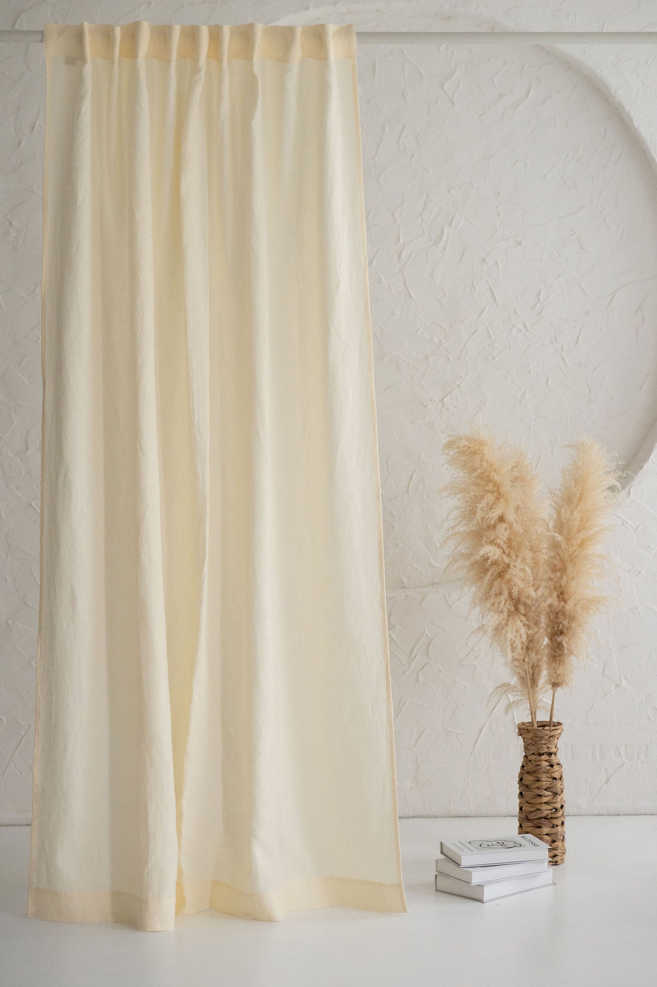 Vanilla yellow linen curtain with multifunctional heading tape