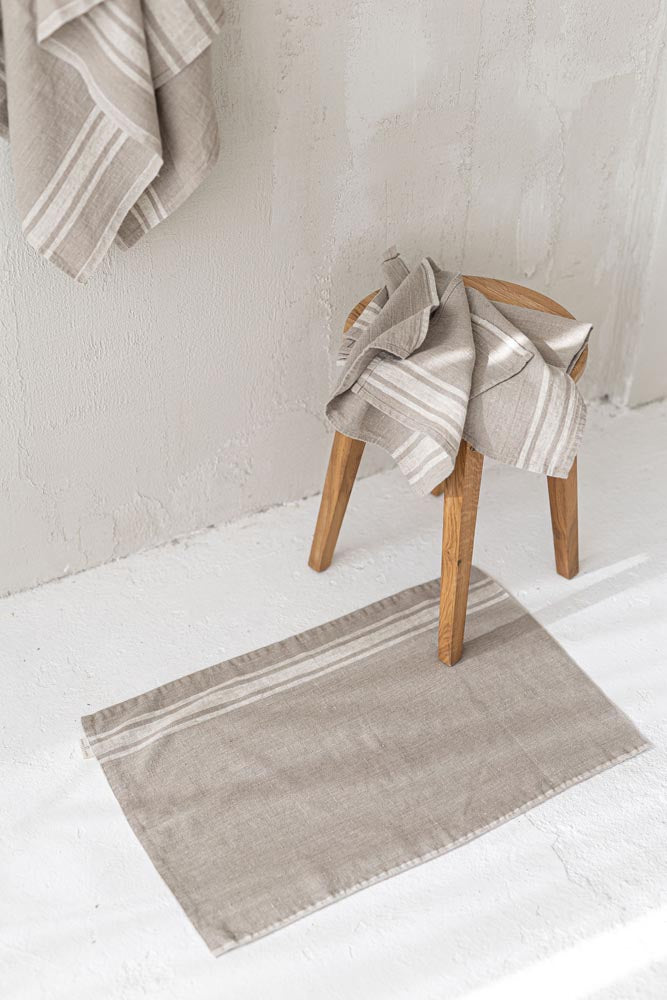 French style linen bath mat with natural stripes