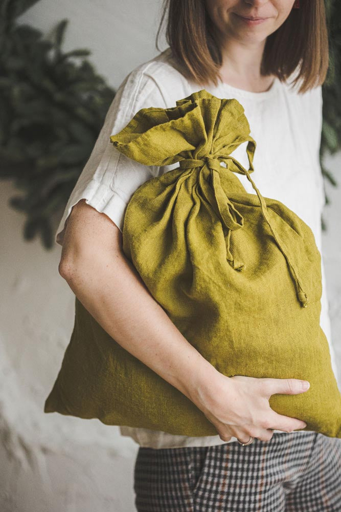 Olive linen Christmas gift bag