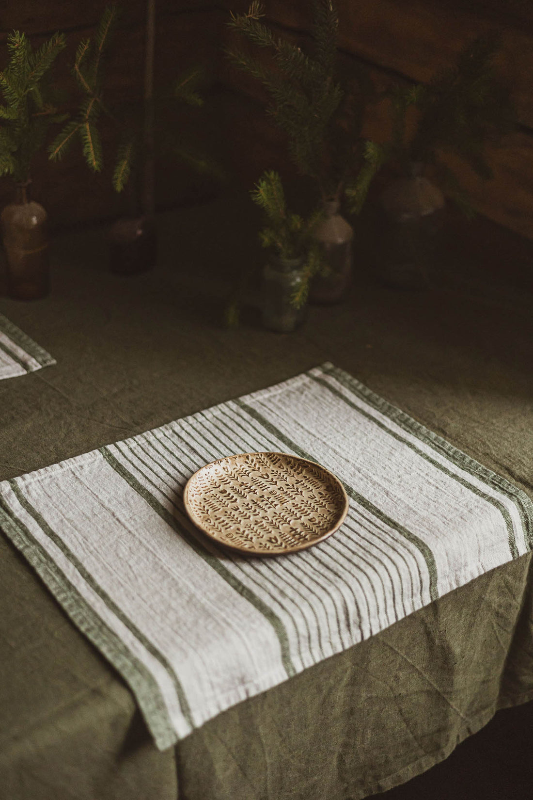 French style linen placemats with green stripes