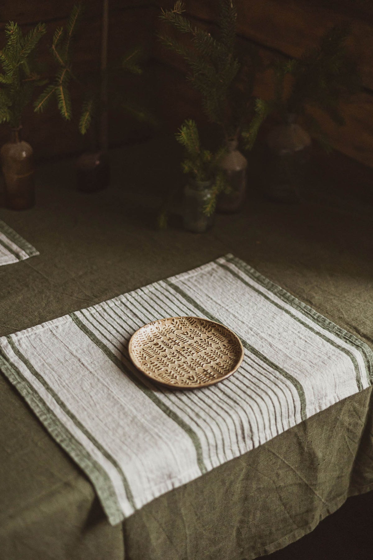 French style linen placemats with green stripes