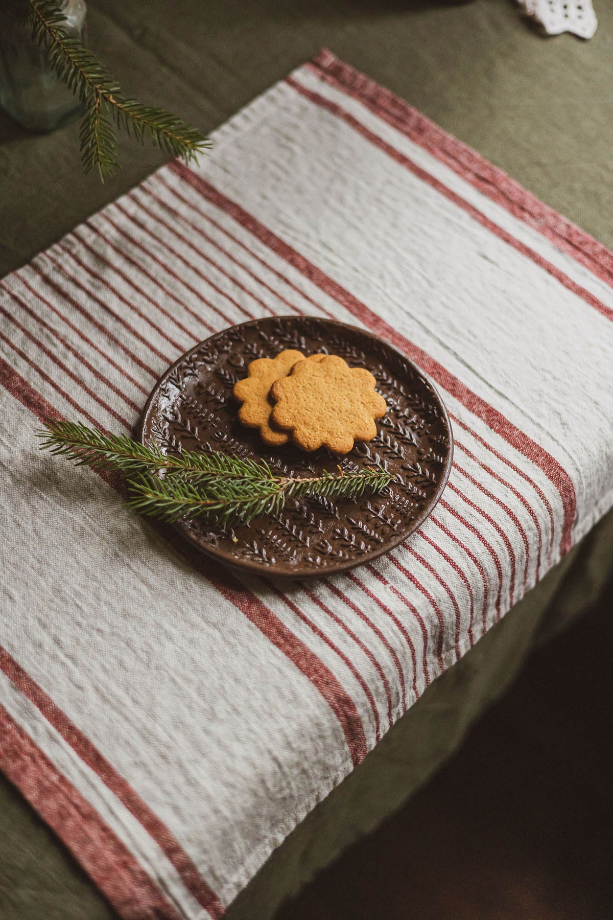 French style linen placemats with cherry red stripes