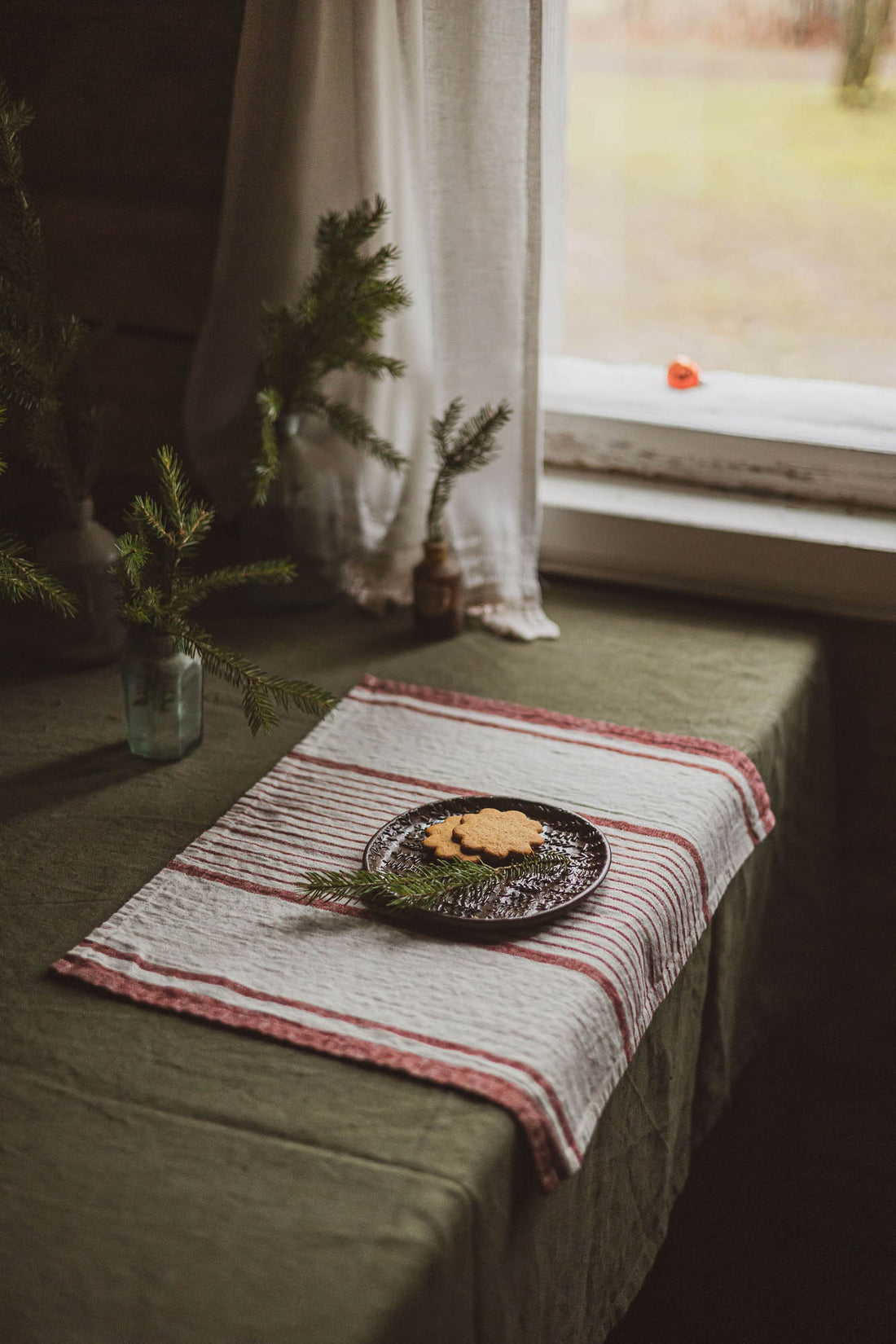 French style linen placemats with cherry red stripes