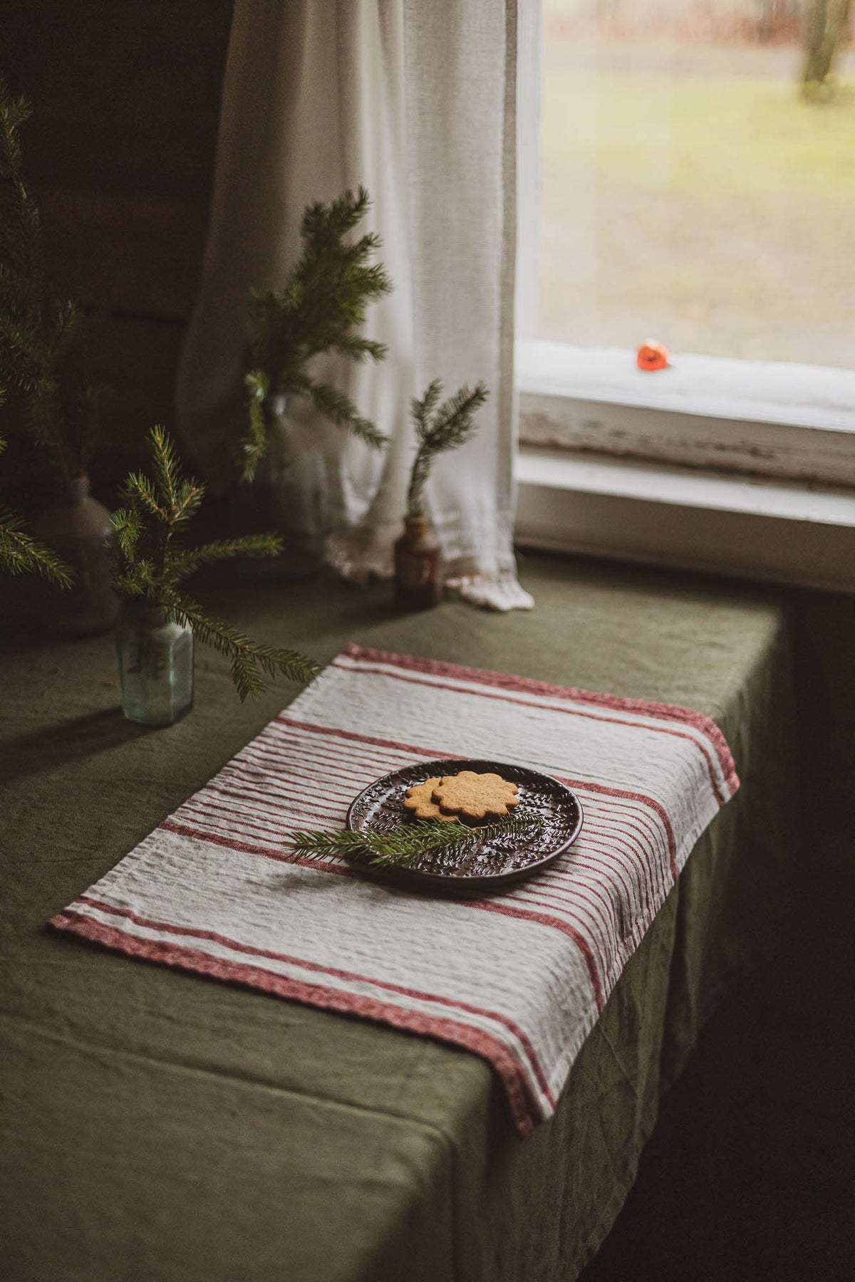 French style linen placemats with cherry red stripes