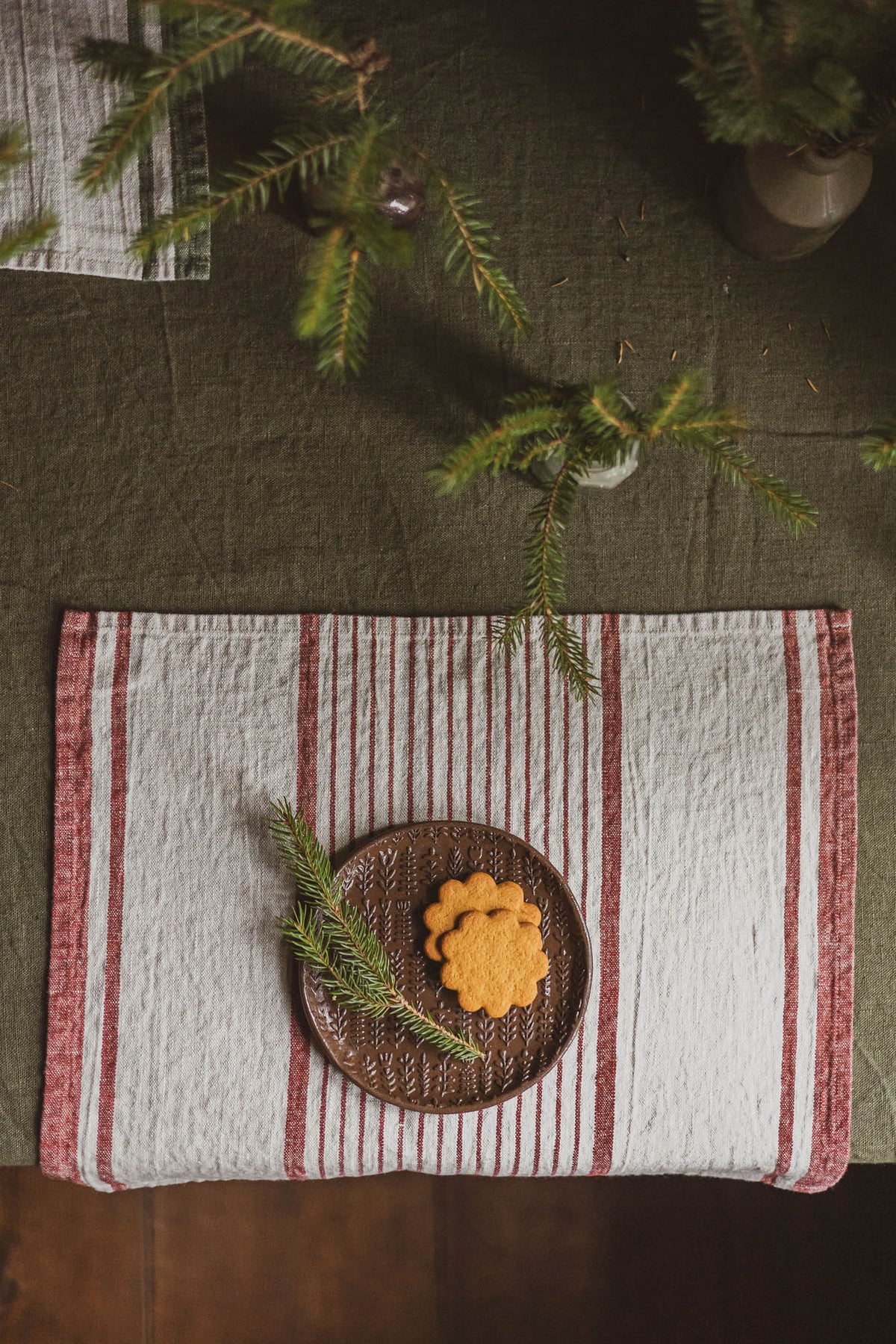 French style linen placemats with cherry red stripes