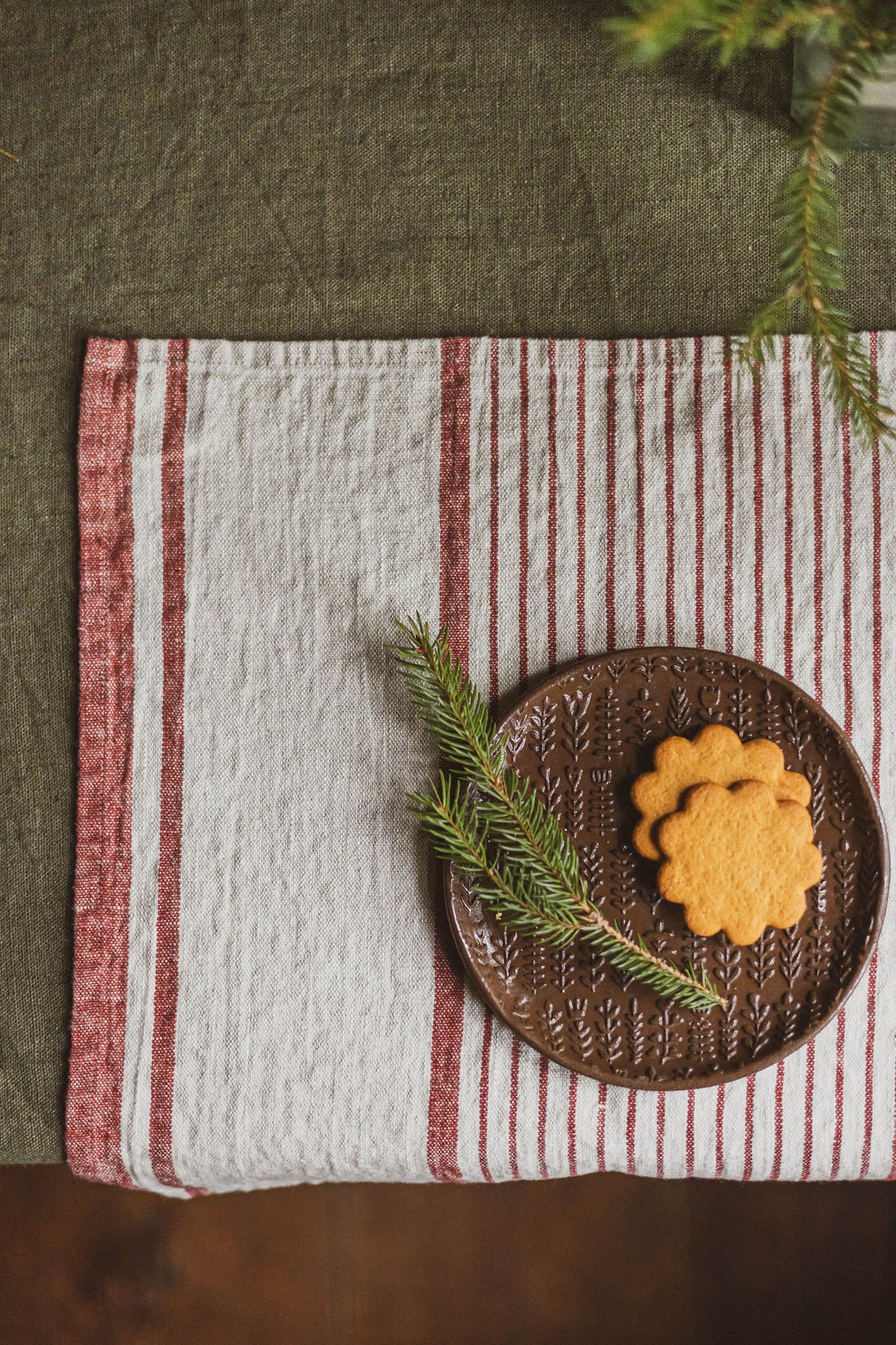 French style linen placemats with cherry red stripes