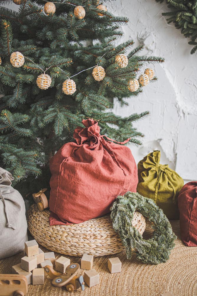 Terracotta linen Christmas gift bag