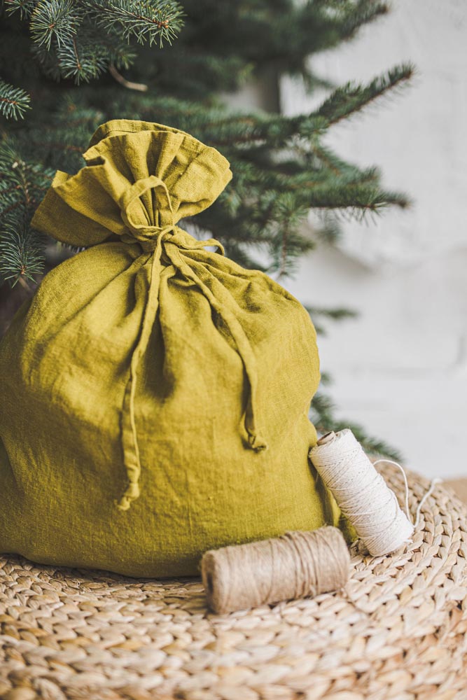 Olive linen Christmas gift bag