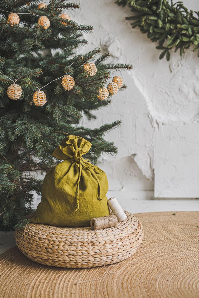 Olive linen Christmas gift bag