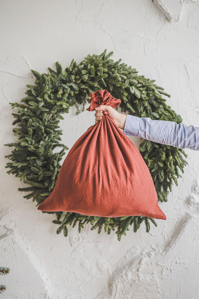 Terracotta linen Christmas gift bag