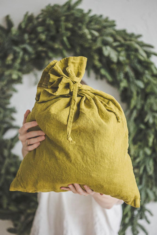 Olive linen Christmas gift bag