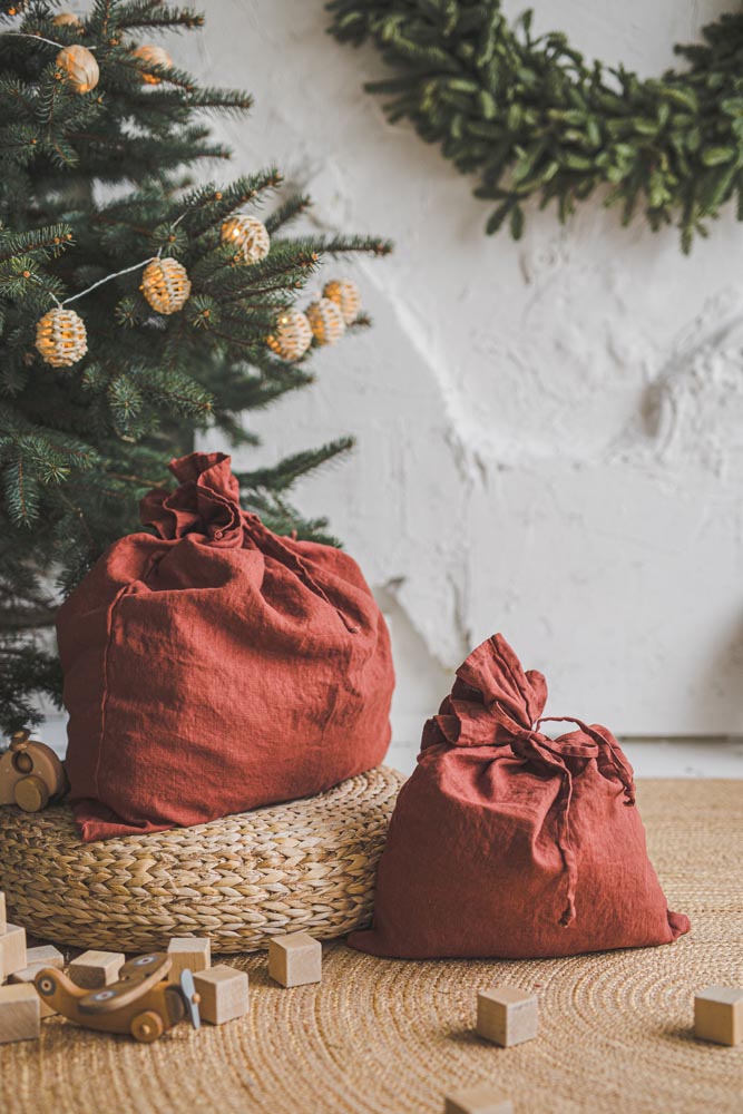 Terracotta linen Christmas gift bag