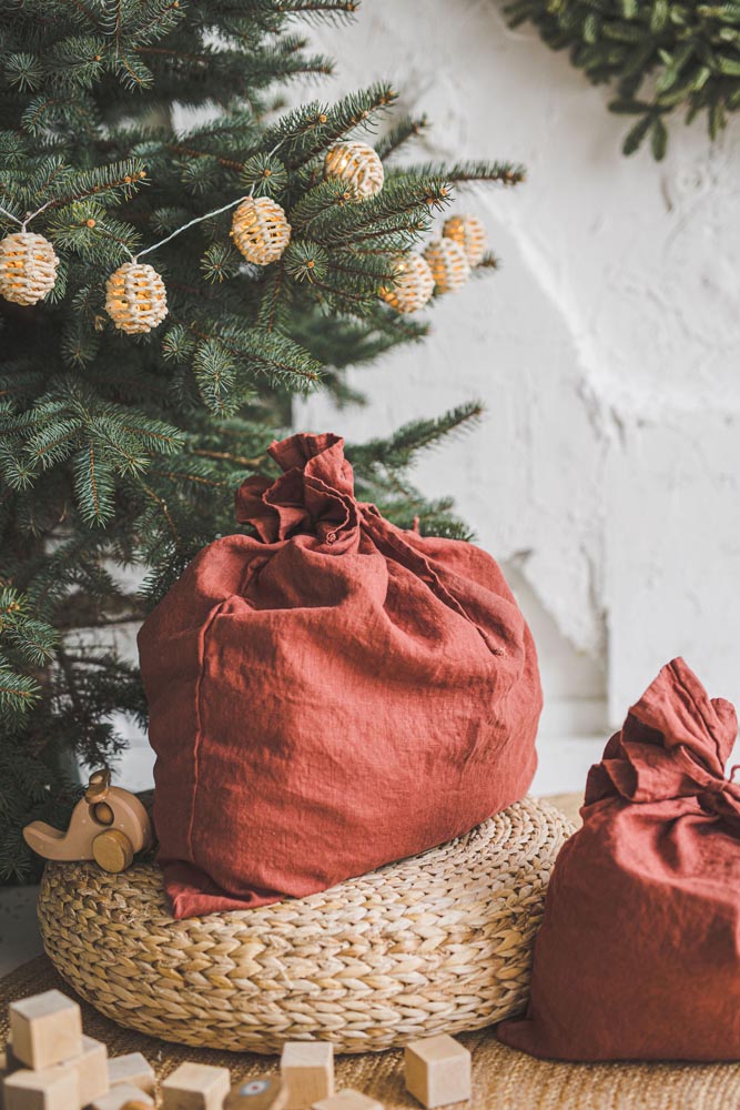 Terracotta linen Christmas gift bag