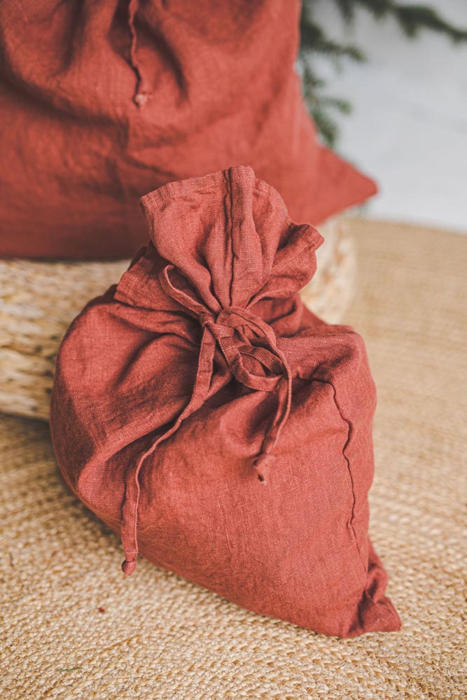 Terracotta linen Christmas gift bag