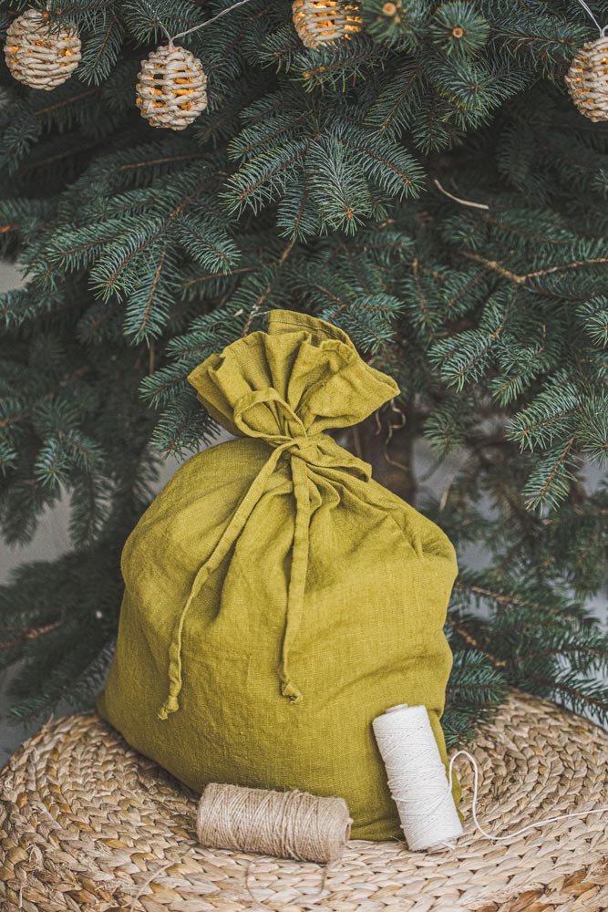 Olive linen Christmas gift bag