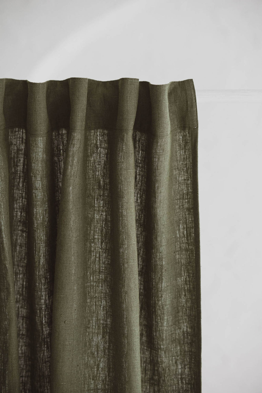 Heavyweight forest green linen curtain with multifunctional heading tape