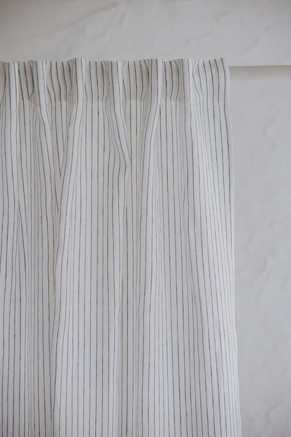 White and black striped linen curtain with multifunctional heading tape
