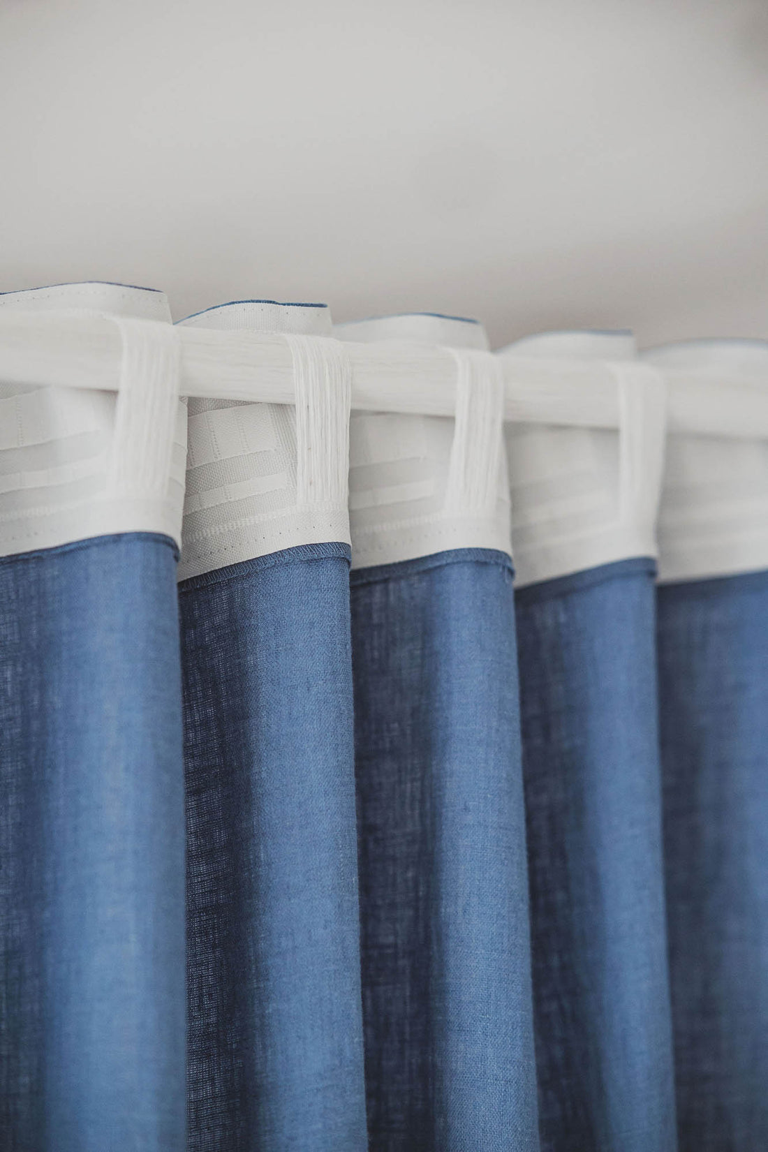 Denim blue linen curtain with multifunctional heading tape