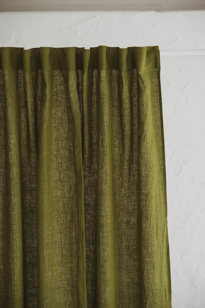 Moss green linen curtain with multifunctional heading tape