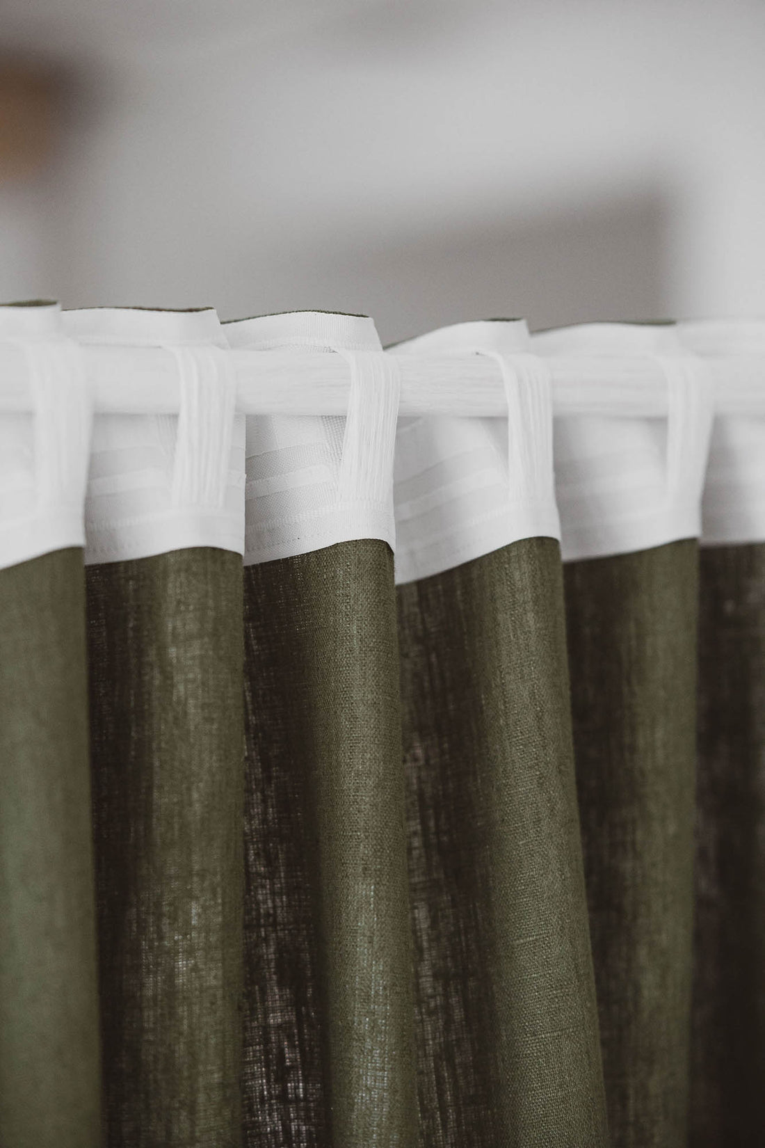 Heavyweight forest green linen curtain with multifunctional heading tape