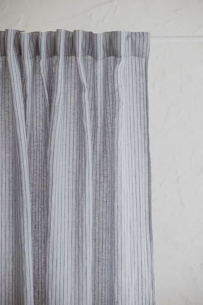 Grey and black striped linen curtain with multifunctional heading tape