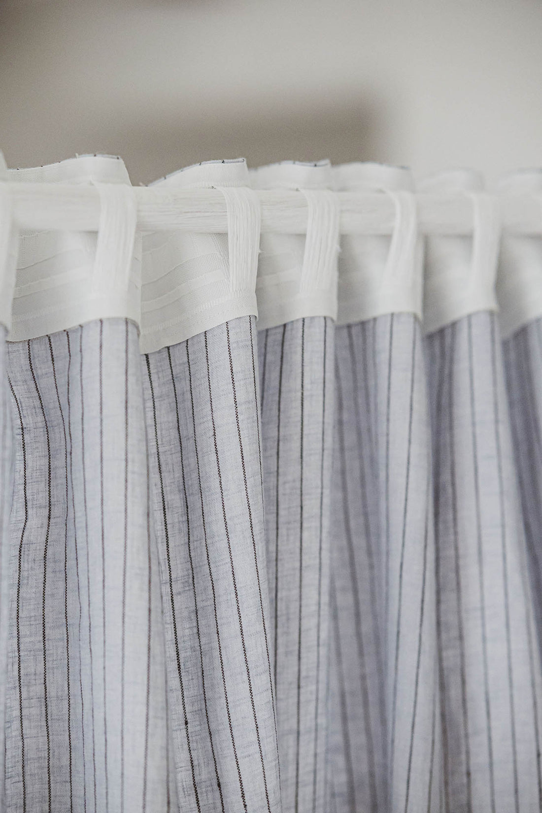 Grey and black striped linen curtain with multifunctional heading tape