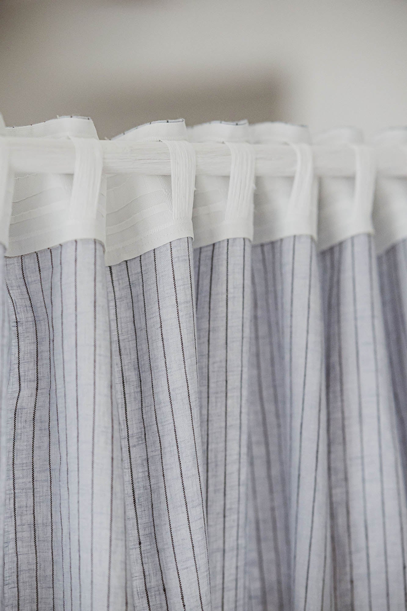 Grey and black striped linen curtain with multifunctional heading tape