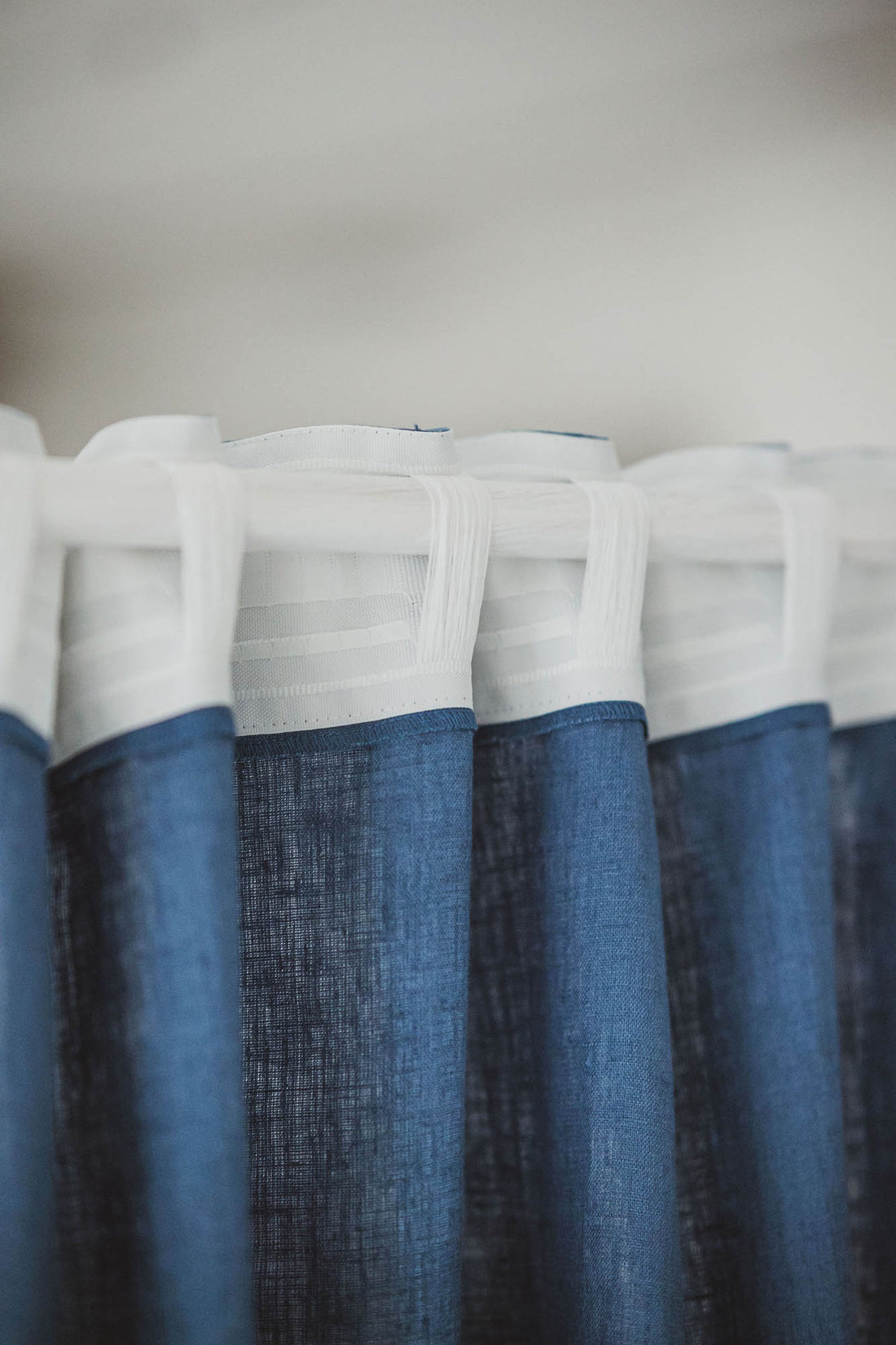 Cornflower blue linen curtain with multifunctional heading tape