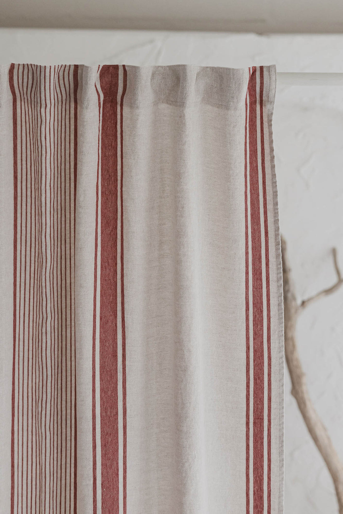 French style linen curtain with cherry red stripes and multifunctional heading tape