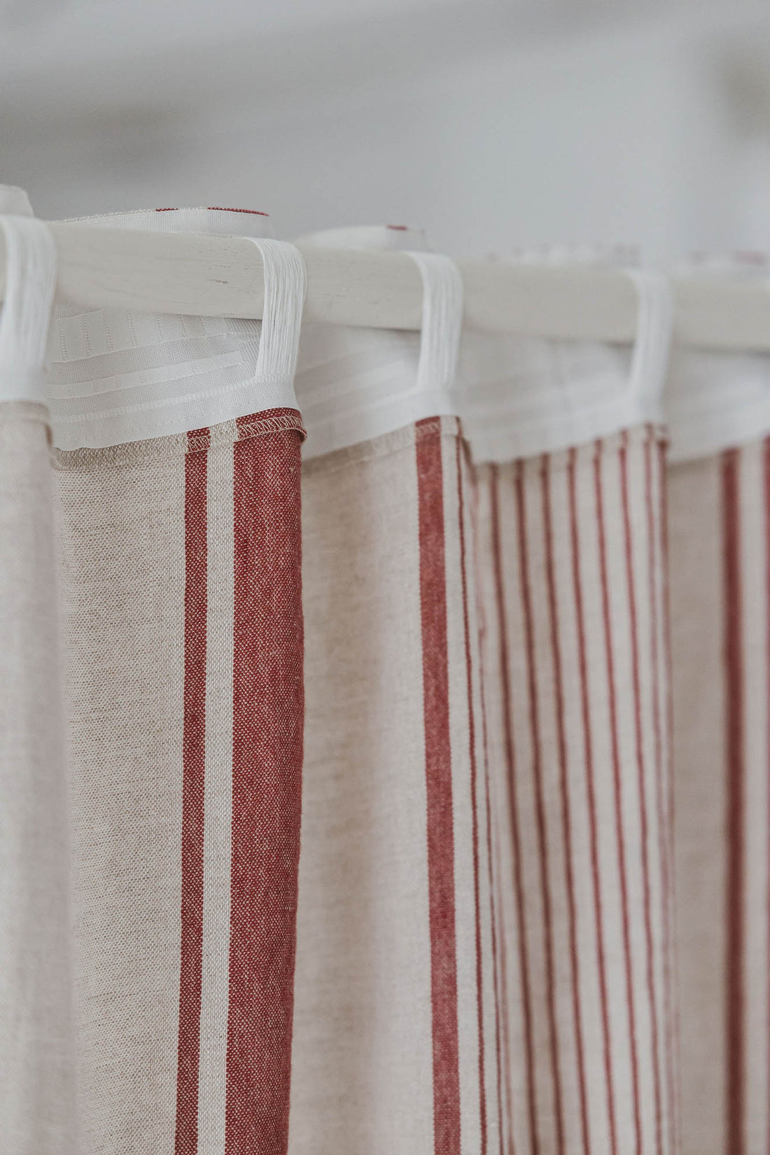 French style linen curtain with cherry red stripes and multifunctional heading tape