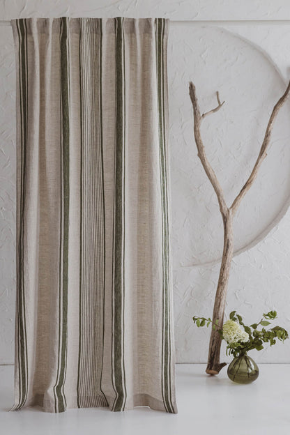 French style linen curtain with green stripes and multifunctional heading tape
