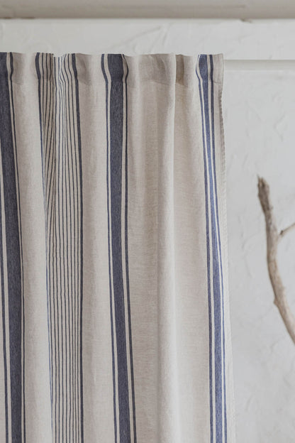 French style linen curtain with blue stripes and multifunctional heading tape