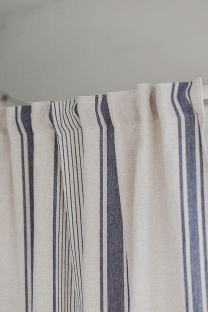 French style linen curtain with blue stripes and multifunctional heading tape
