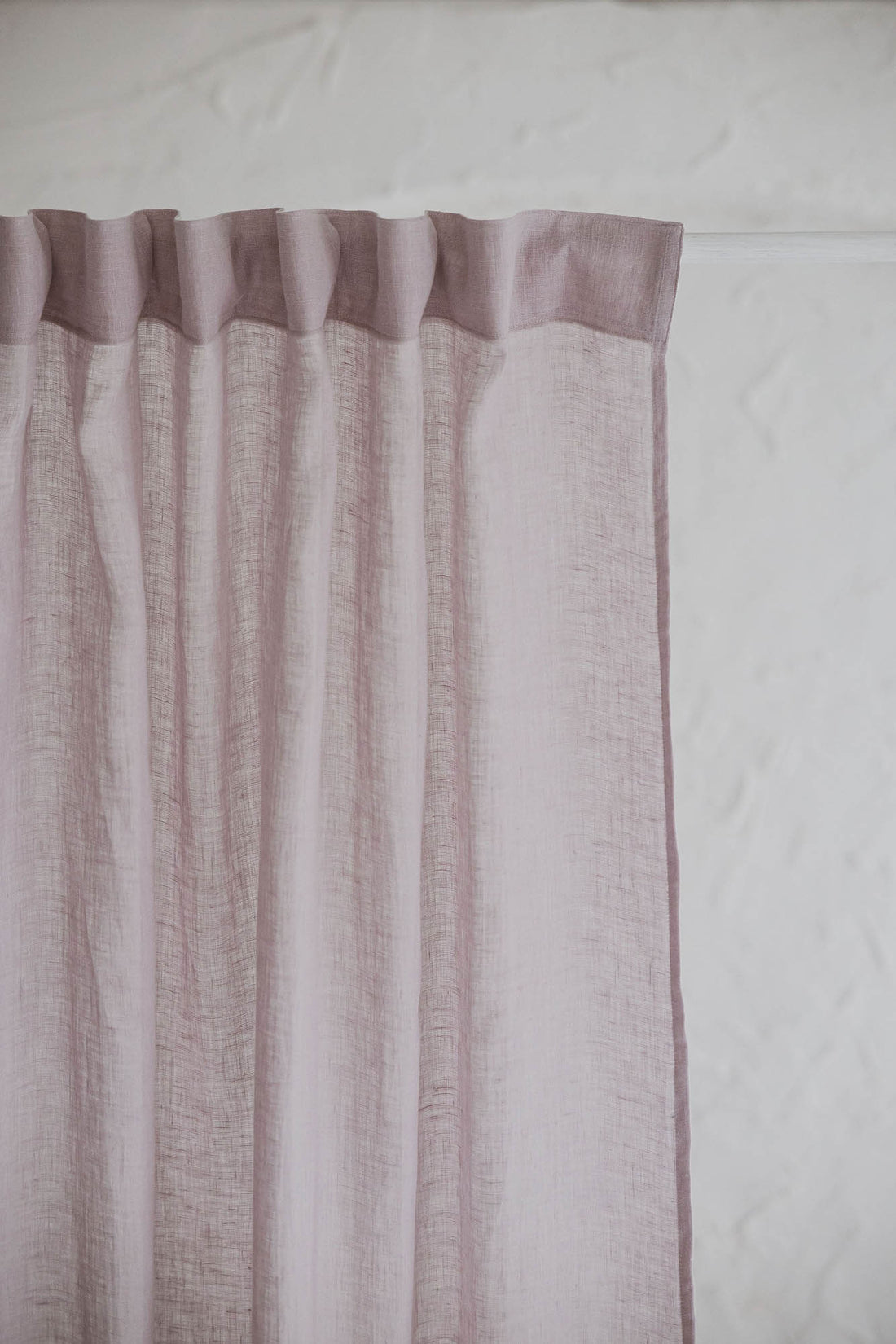 Light lilac sheer linen curtain with multifunctional heading tape