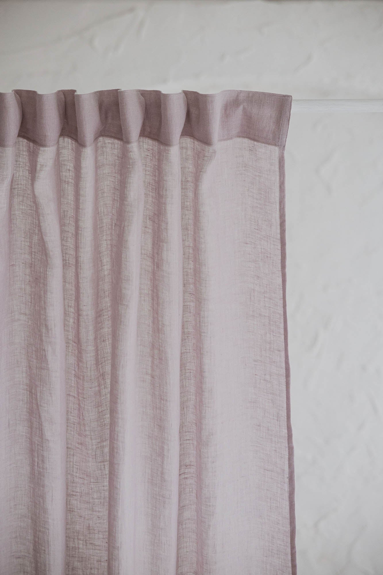 Light lilac sheer linen curtain with multifunctional heading tape