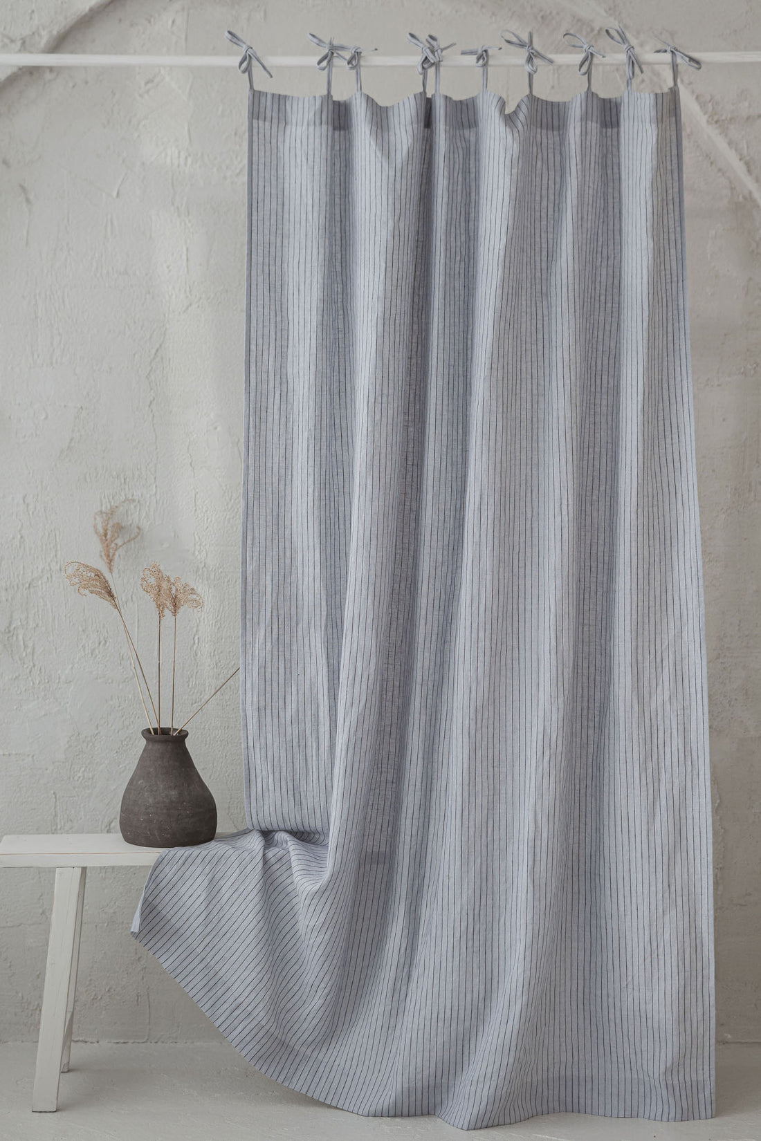 Tie top grey linen curtain with black stripes