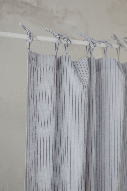 Tie top grey linen curtain with black stripes