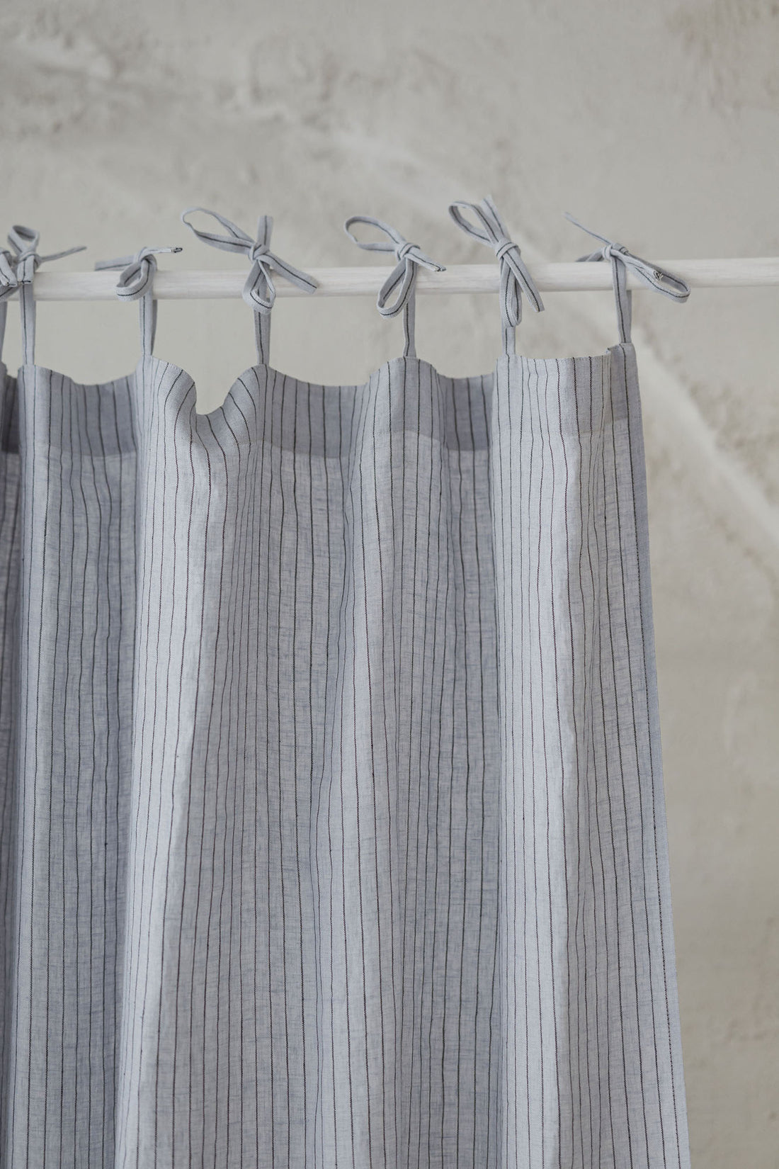 Tie top grey linen curtain with black stripes