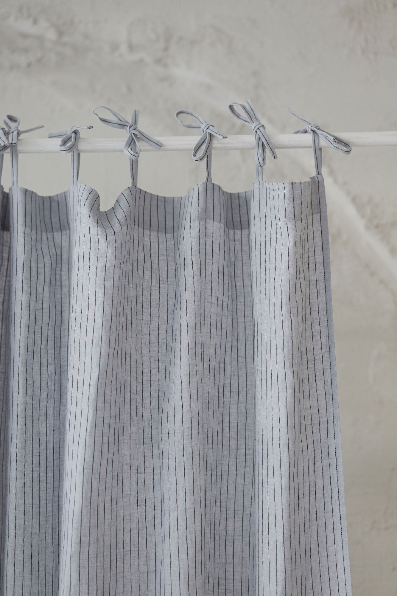 Tie top grey linen curtain with black stripes